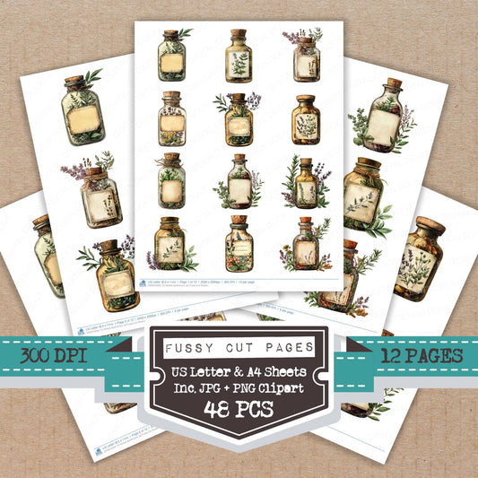 Herbal Apothecary Jar fussy cut printable sheets for junk journaling, scrapbooking, and paper craft projects