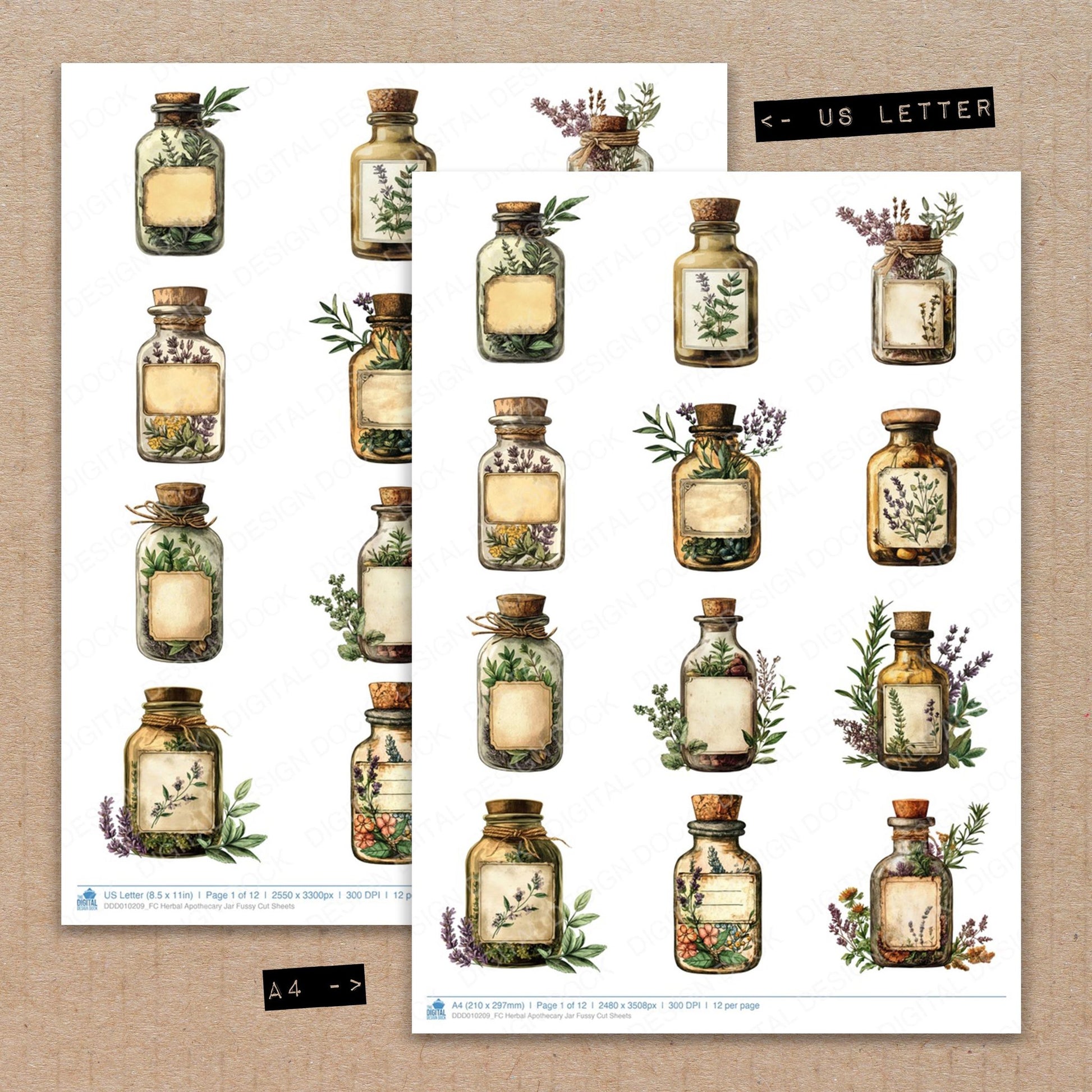 A4 and US Letter format comparison showing Herbal Apothecary Jar fussy cut pages for print and cut crafting