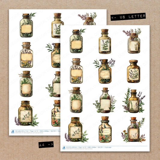 A4 and US Letter format comparison showing Herbal Apothecary Jar fussy cut pages for print and cut crafting