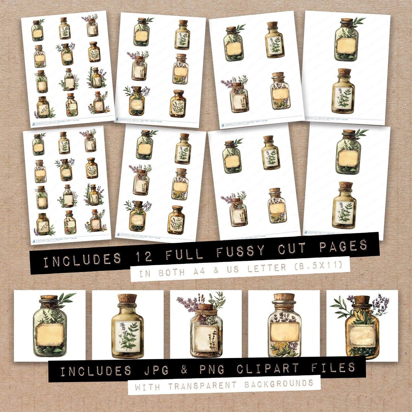 Full collection view of Herbal Apothecary Jar fussy cut sheets with bonus clipart JPG and PNG files