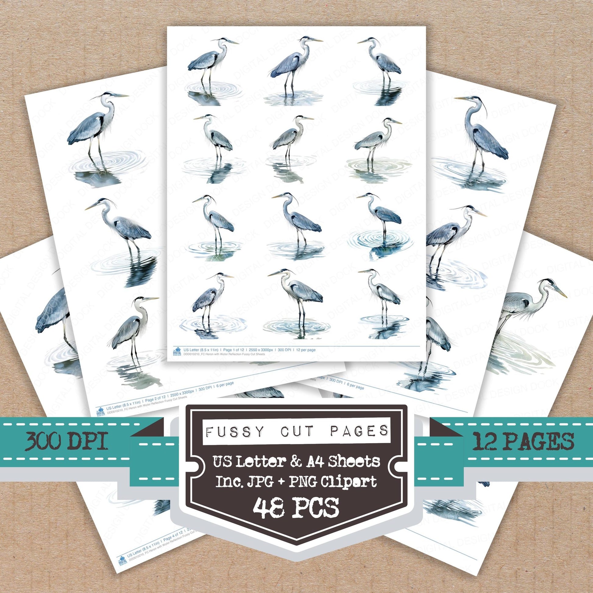 Heron with Water Reflection fussy cut printable sheets for junk journaling, scrapbooking, and paper craft projects