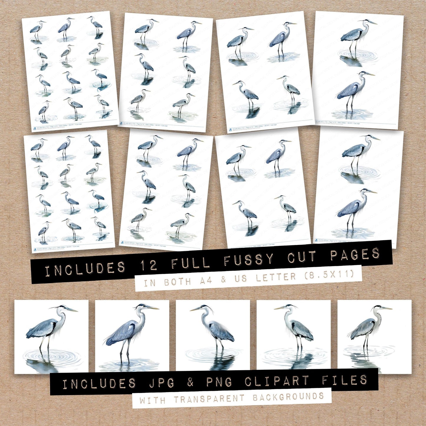 Full collection view of Heron with Water Reflection fussy cut sheets with bonus clipart JPG and PNG files