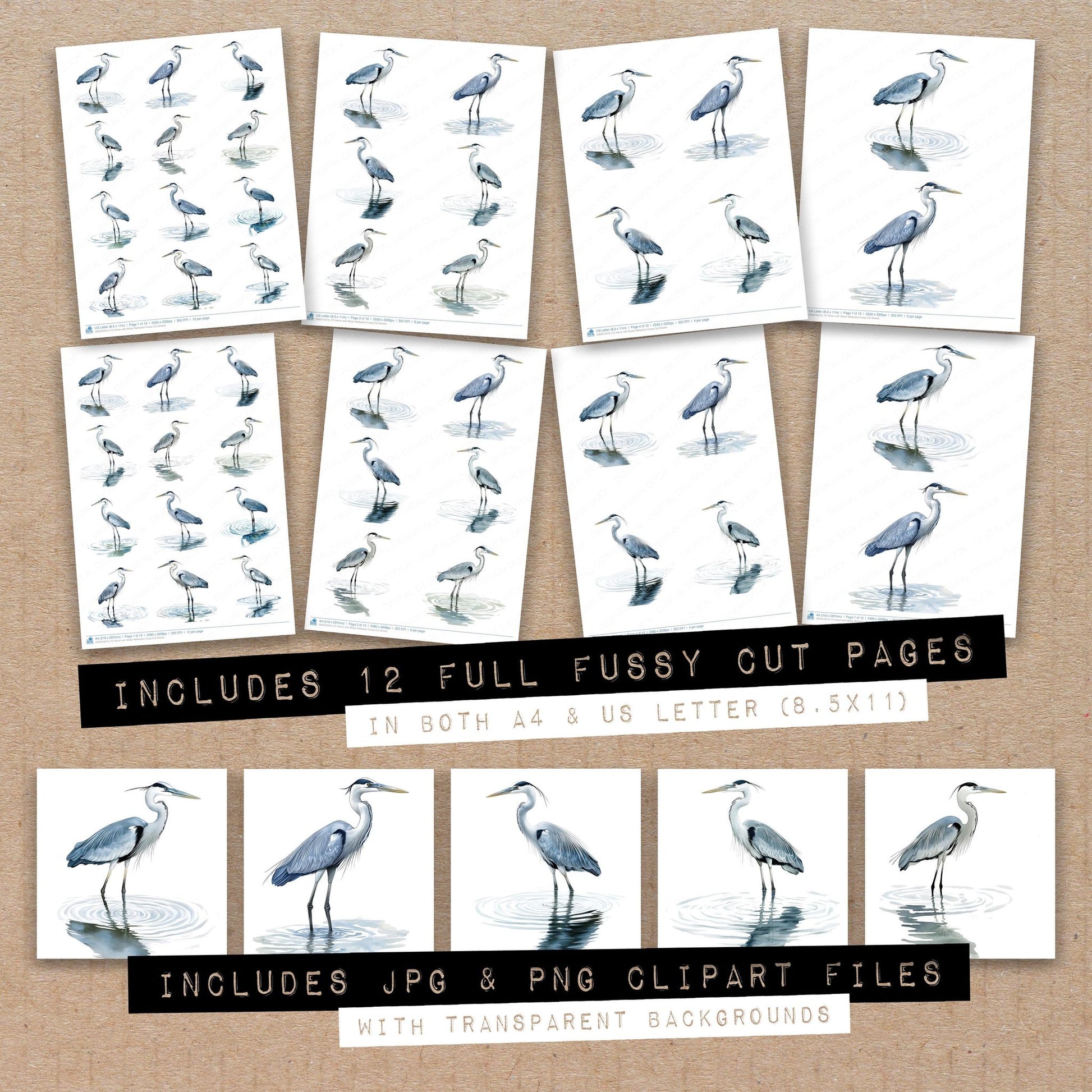 Full collection view of Heron with Water Reflection fussy cut sheets with bonus clipart JPG and PNG files