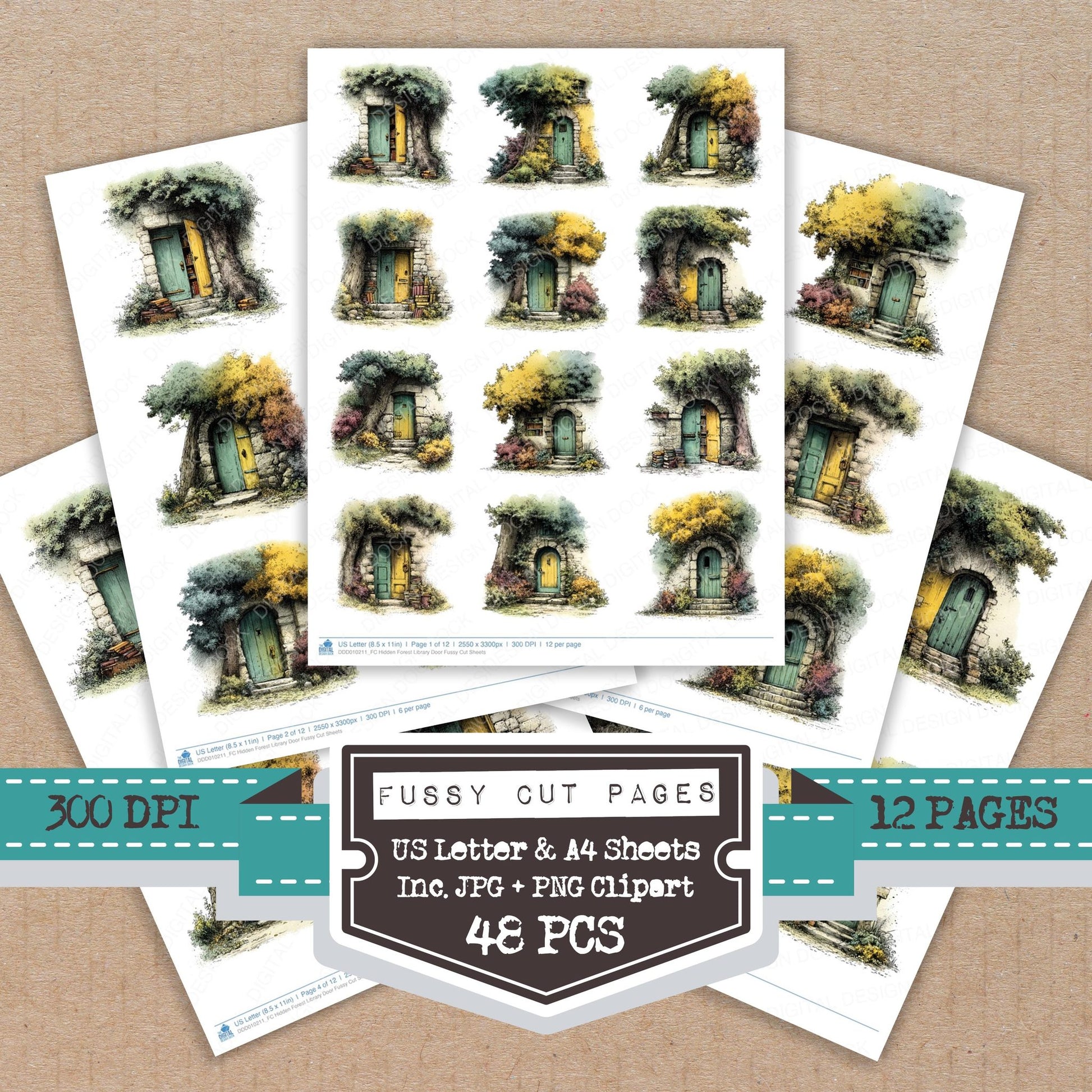 Hidden Forest Library Door fussy cut printable sheets for junk journaling, scrapbooking, and paper craft projects