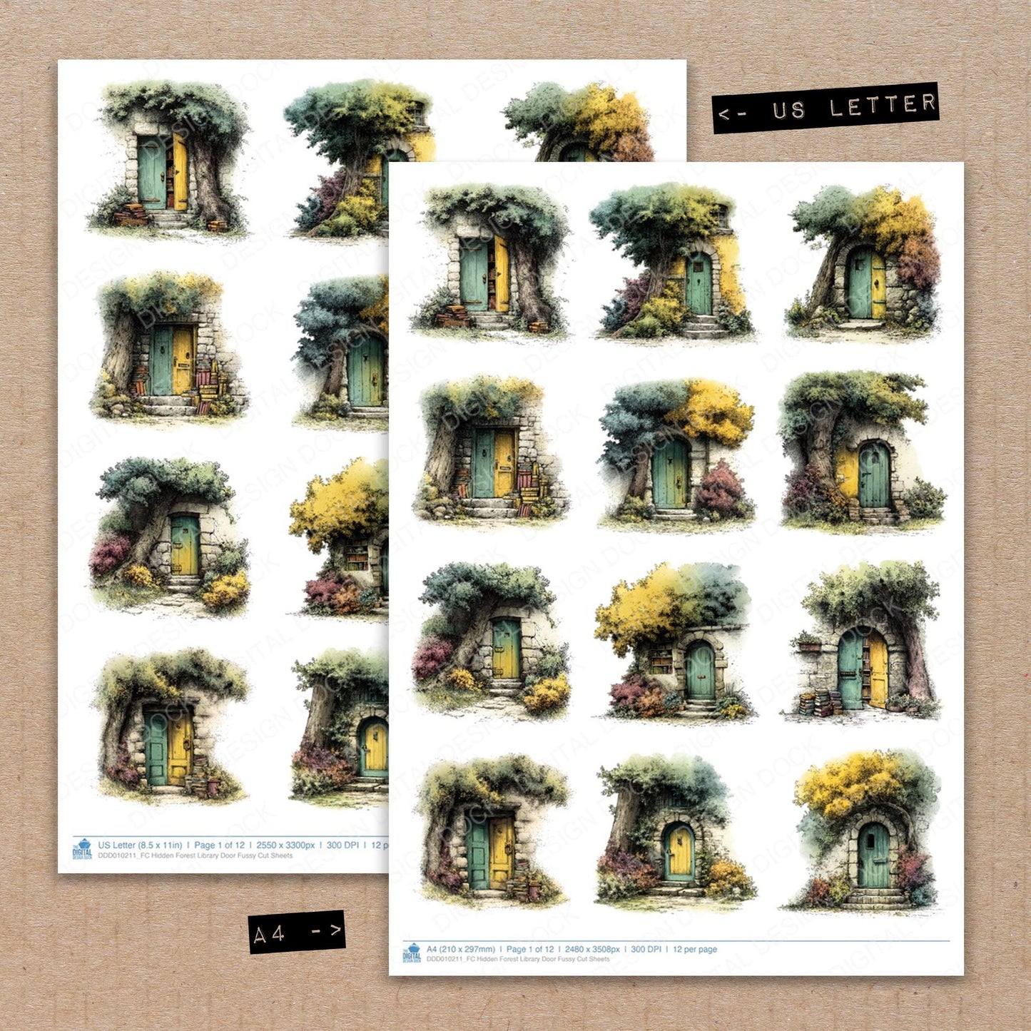 A4 and US Letter format comparison showing Hidden Forest Library Door fussy cut pages for print and cut crafting