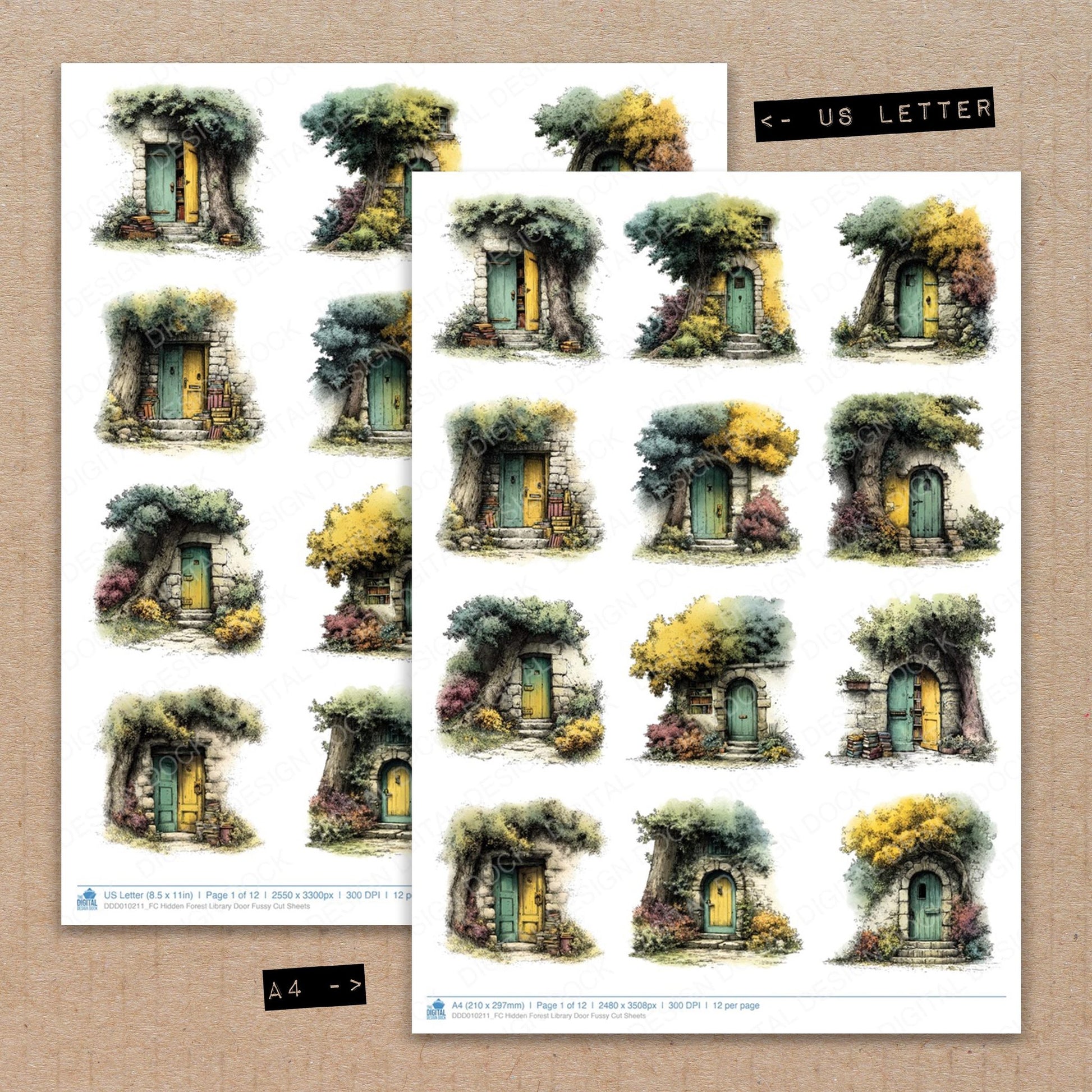 A4 and US Letter format comparison showing Hidden Forest Library Door fussy cut pages for print and cut crafting