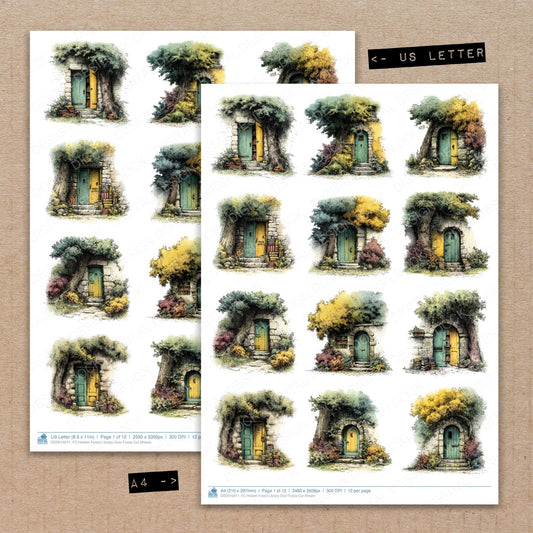 A4 and US Letter format comparison showing Hidden Forest Library Door fussy cut pages for print and cut crafting