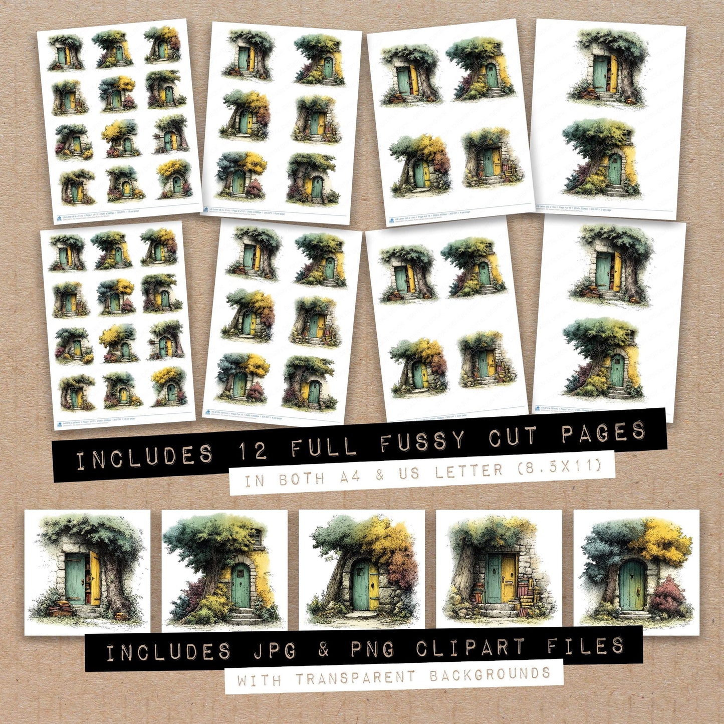 Full collection view of Hidden Forest Library Door fussy cut sheets with bonus clipart JPG and PNG files