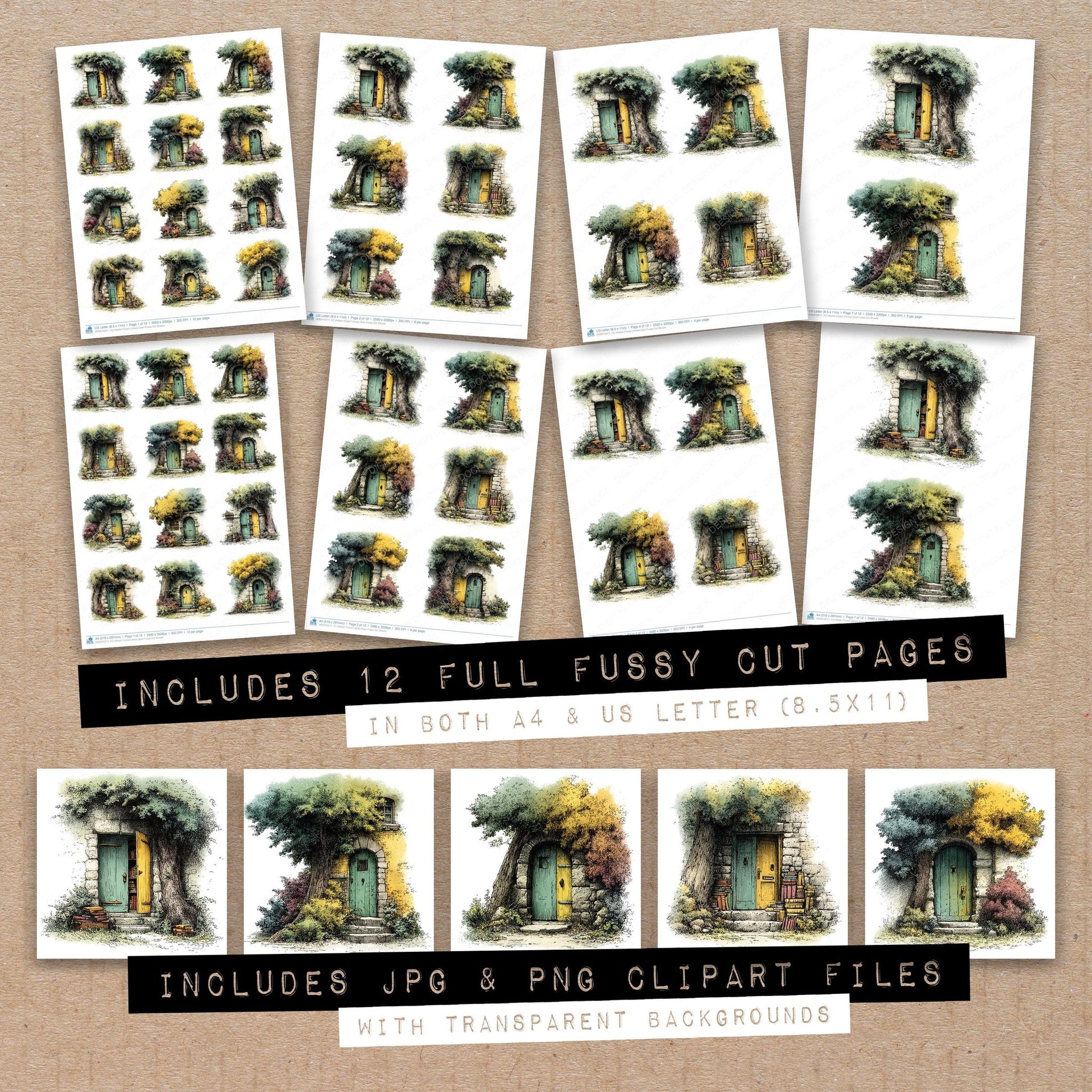 Full collection view of Hidden Forest Library Door fussy cut sheets with bonus clipart JPG and PNG files
