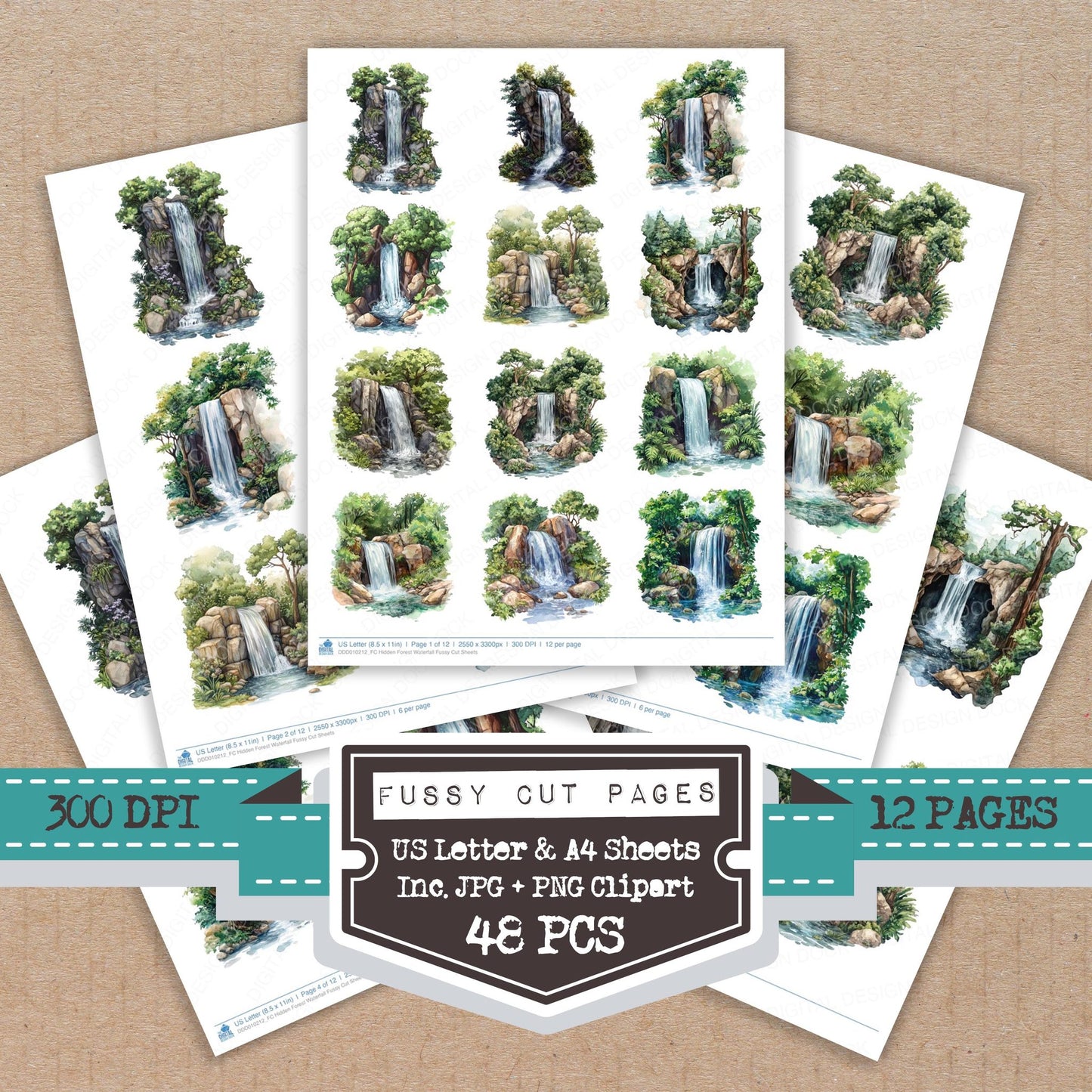 Hidden Forest Waterfall fussy cut printable sheets for junk journaling, scrapbooking, and paper craft projects
