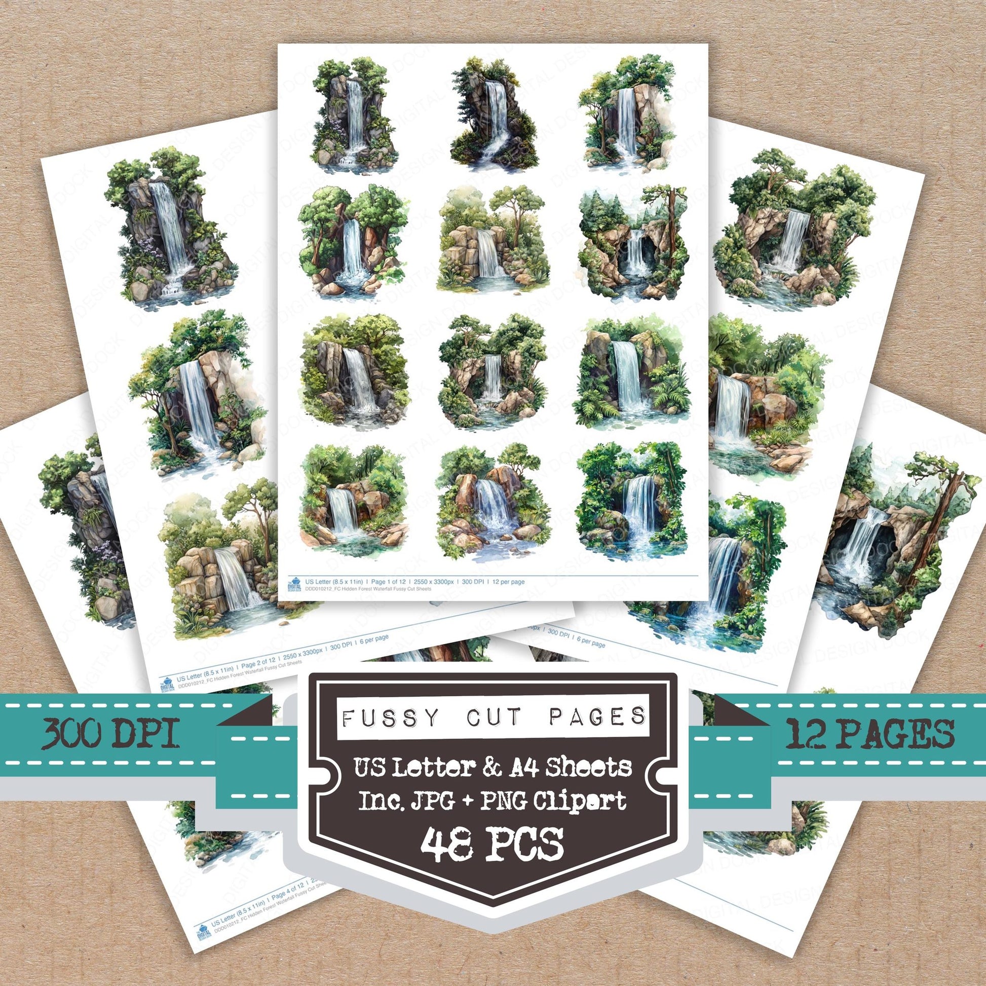 Hidden Forest Waterfall fussy cut printable sheets for junk journaling, scrapbooking, and paper craft projects