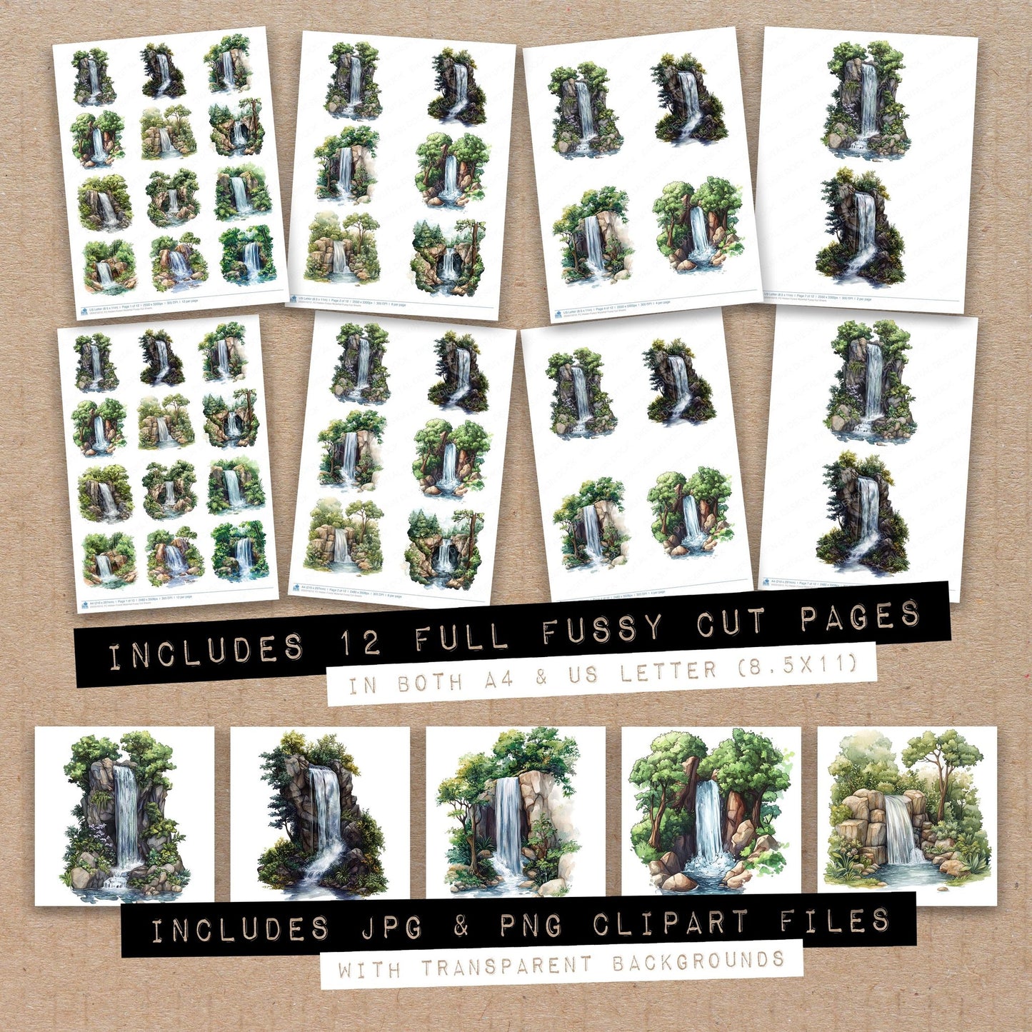 Full collection view of Hidden Forest Waterfall fussy cut sheets with bonus clipart JPG and PNG files