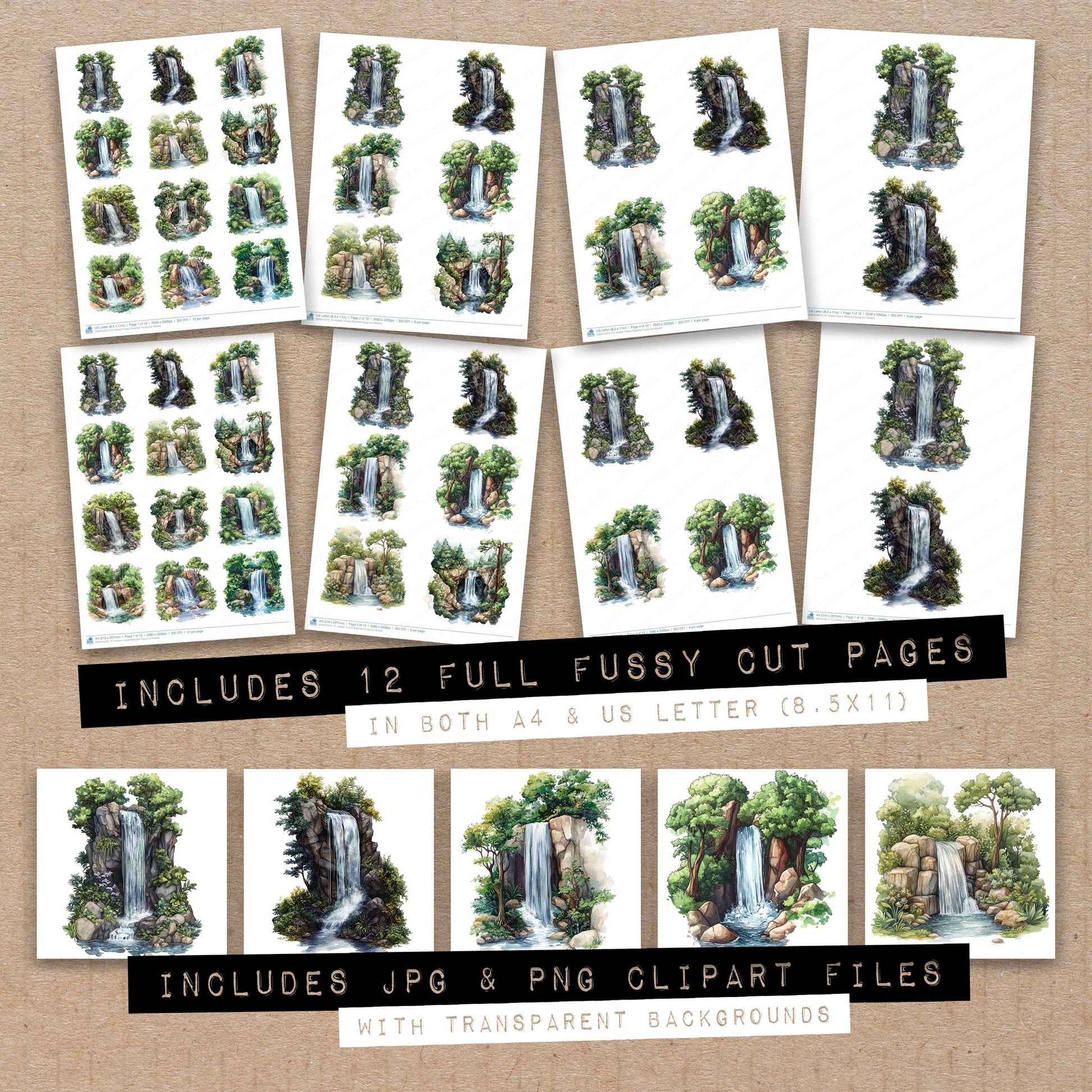 Full collection view of Hidden Forest Waterfall fussy cut sheets with bonus clipart JPG and PNG files