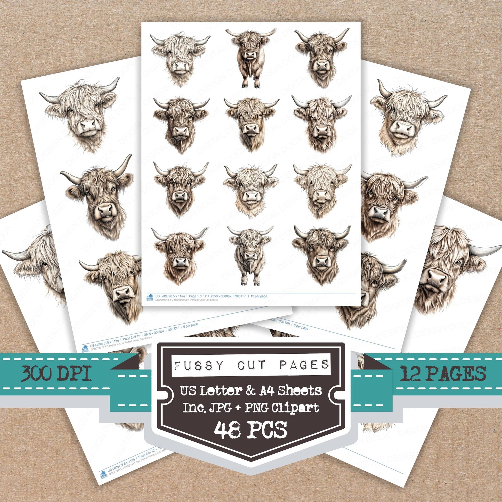 Highland Cow Portrait fussy cut printable sheets for junk journaling, scrapbooking, and paper craft projects
