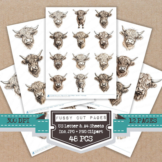 Highland Cow Portrait fussy cut printable sheets for junk journaling, scrapbooking, and paper craft projects