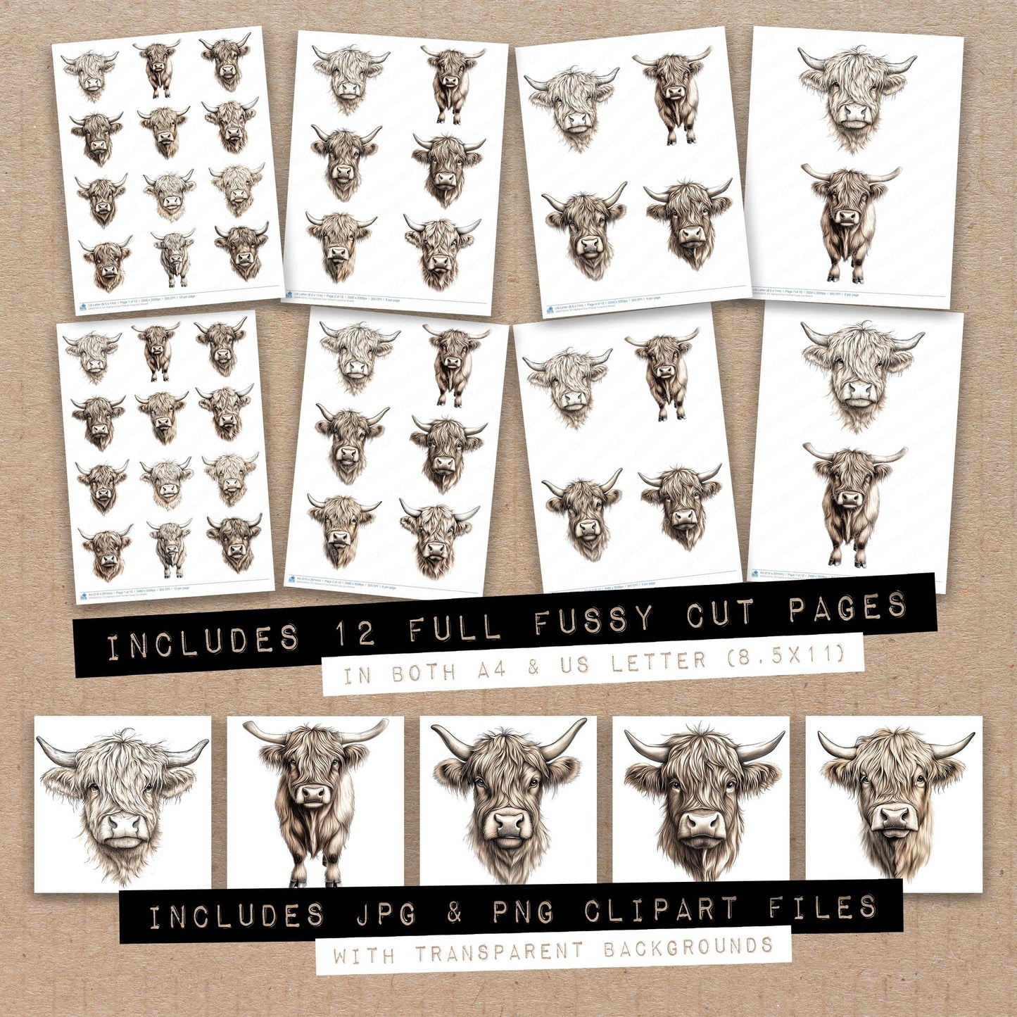 Full collection view of Highland Cow Portrait fussy cut sheets with bonus clipart JPG and PNG files