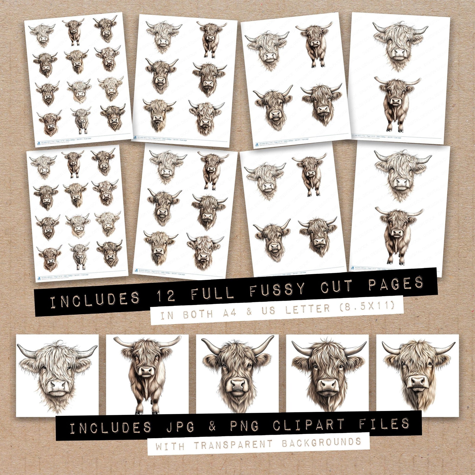 Full collection view of Highland Cow Portrait fussy cut sheets with bonus clipart JPG and PNG files