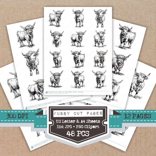 Highland Cow Sketch fussy cut printable sheets for junk journaling, scrapbooking, and paper craft projects
