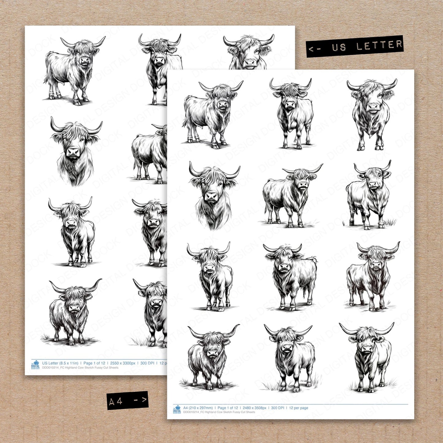 A4 and US Letter format comparison showing Highland Cow Sketch fussy cut pages for print and cut crafting