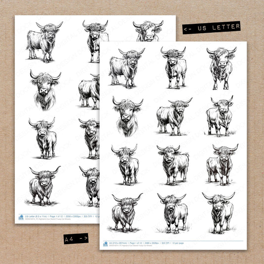 A4 and US Letter format comparison showing Highland Cow Sketch fussy cut pages for print and cut crafting