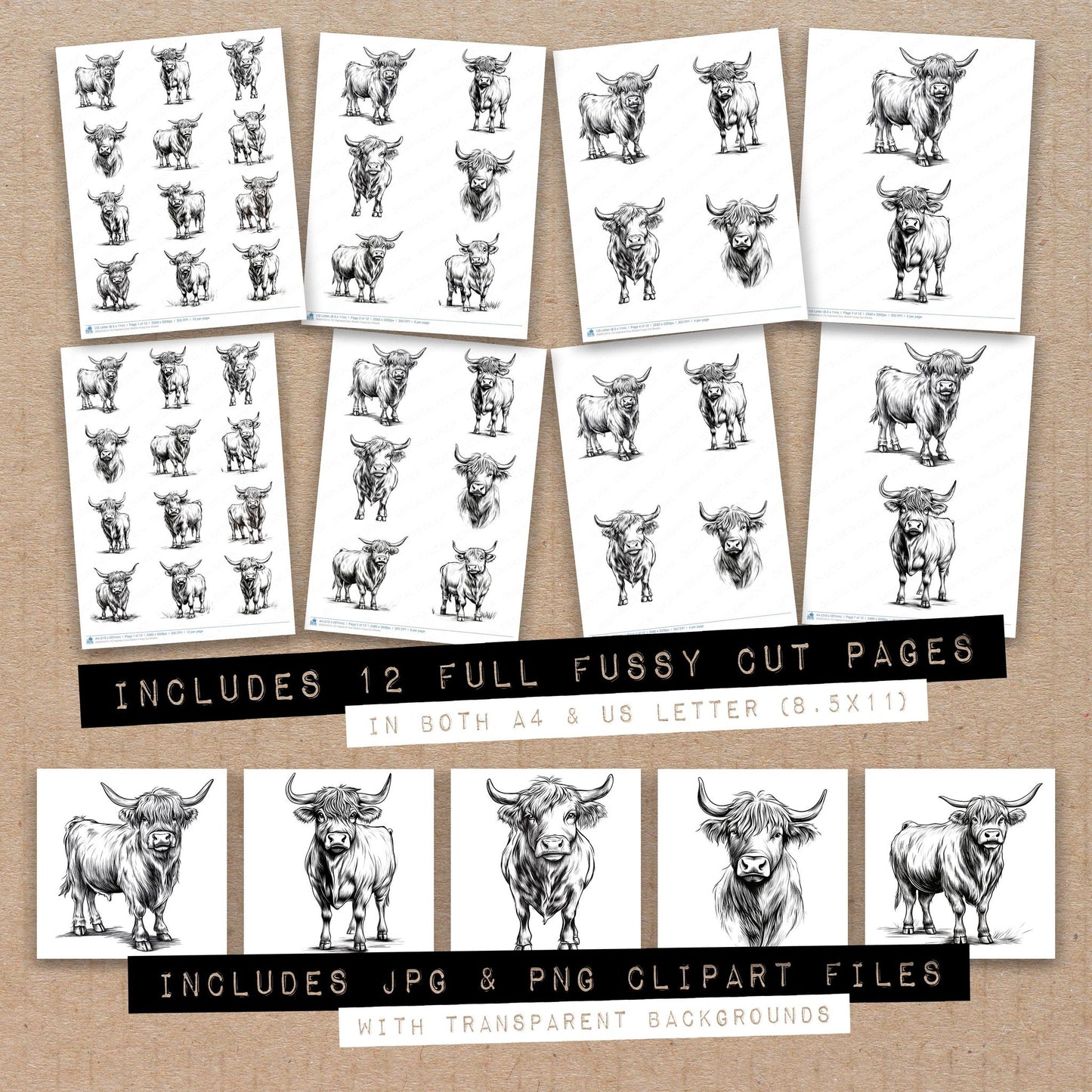 Full collection view of Highland Cow Sketch fussy cut sheets with bonus clipart JPG and PNG files