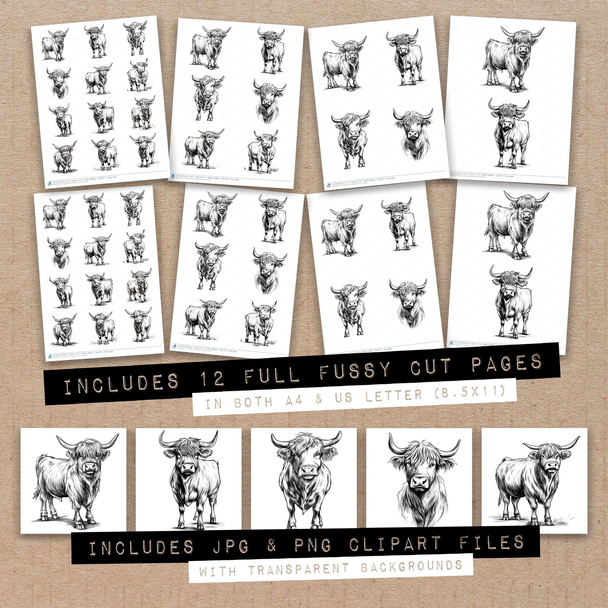Full collection view of Highland Cow Sketch fussy cut sheets with bonus clipart JPG and PNG files