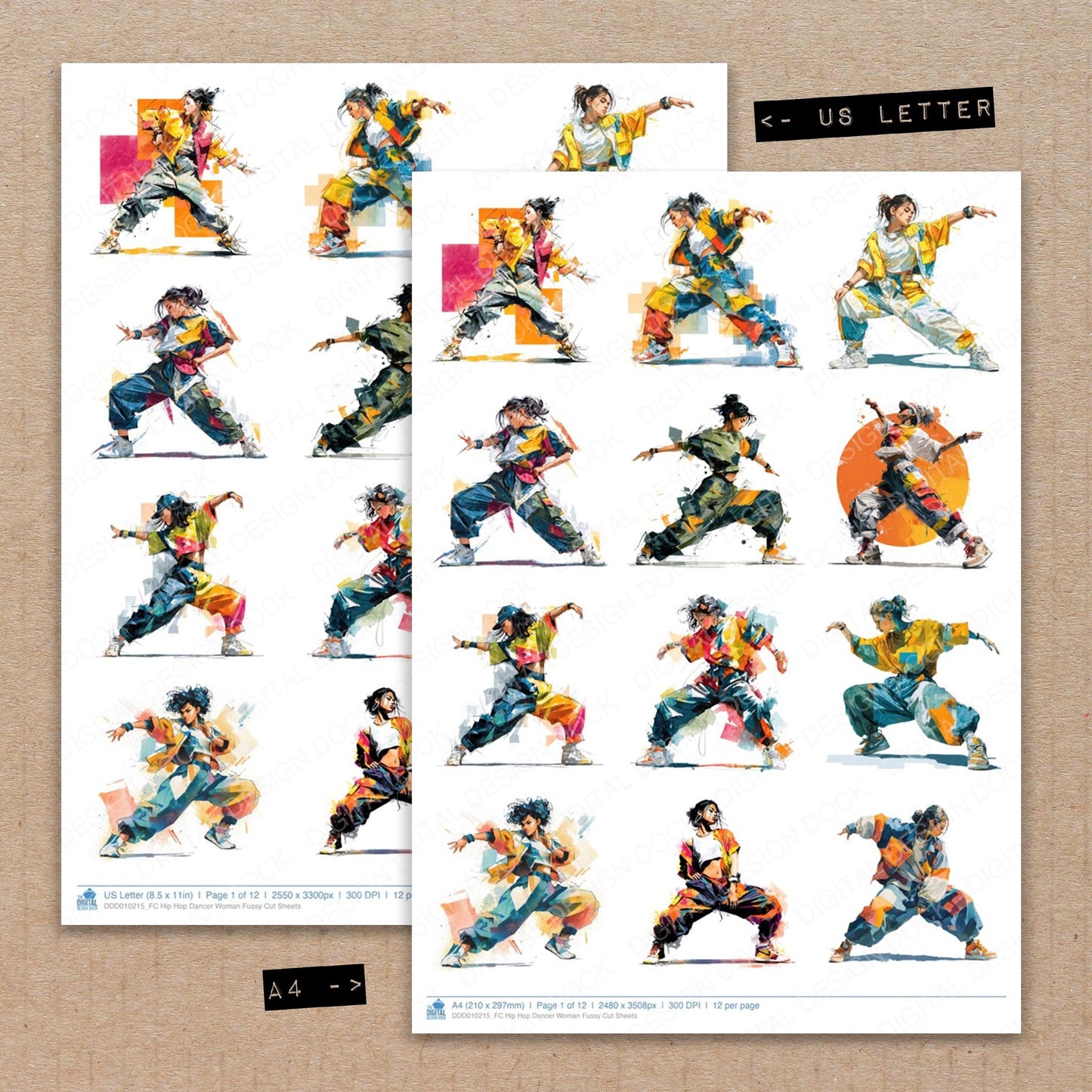 A4 and US Letter format comparison showing Hip Hop Dancer Woman fussy cut pages for print and cut crafting