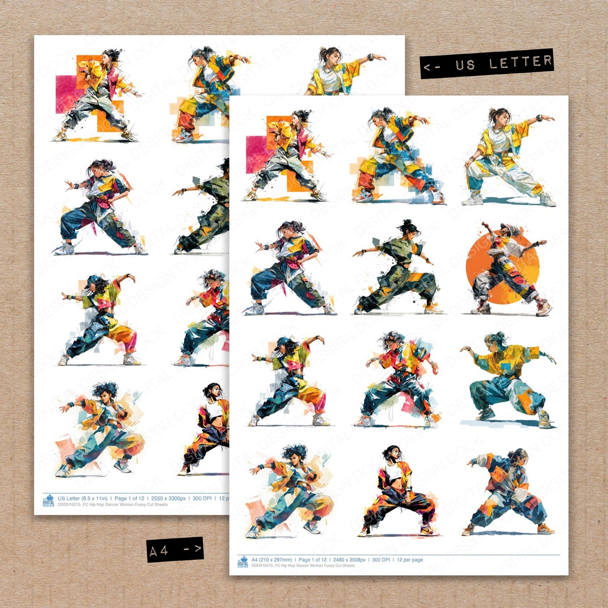 A4 and US Letter format comparison showing Hip Hop Dancer Woman fussy cut pages for print and cut crafting