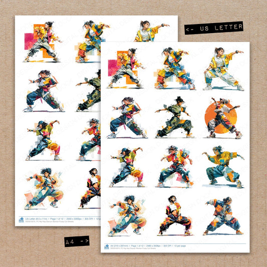 A4 and US Letter format comparison showing Hip Hop Dancer Woman fussy cut pages for print and cut crafting