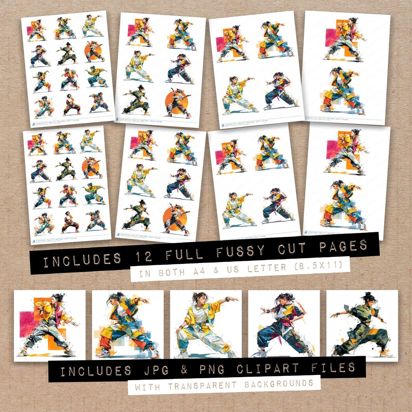 Full collection view of Hip Hop Dancer Woman fussy cut sheets with bonus clipart JPG and PNG files