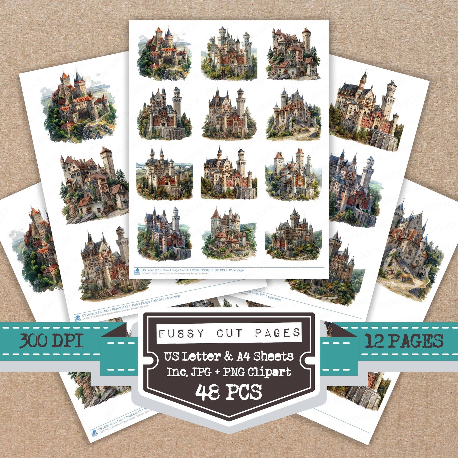 Historic Castle Hillside Germany fussy cut printable sheets for junk journaling, scrapbooking, and paper craft projects
