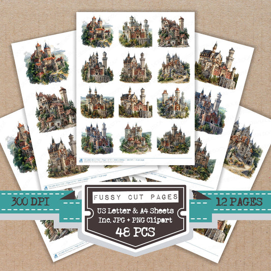 Historic Castle Hillside Germany fussy cut printable sheets for junk journaling, scrapbooking, and paper craft projects