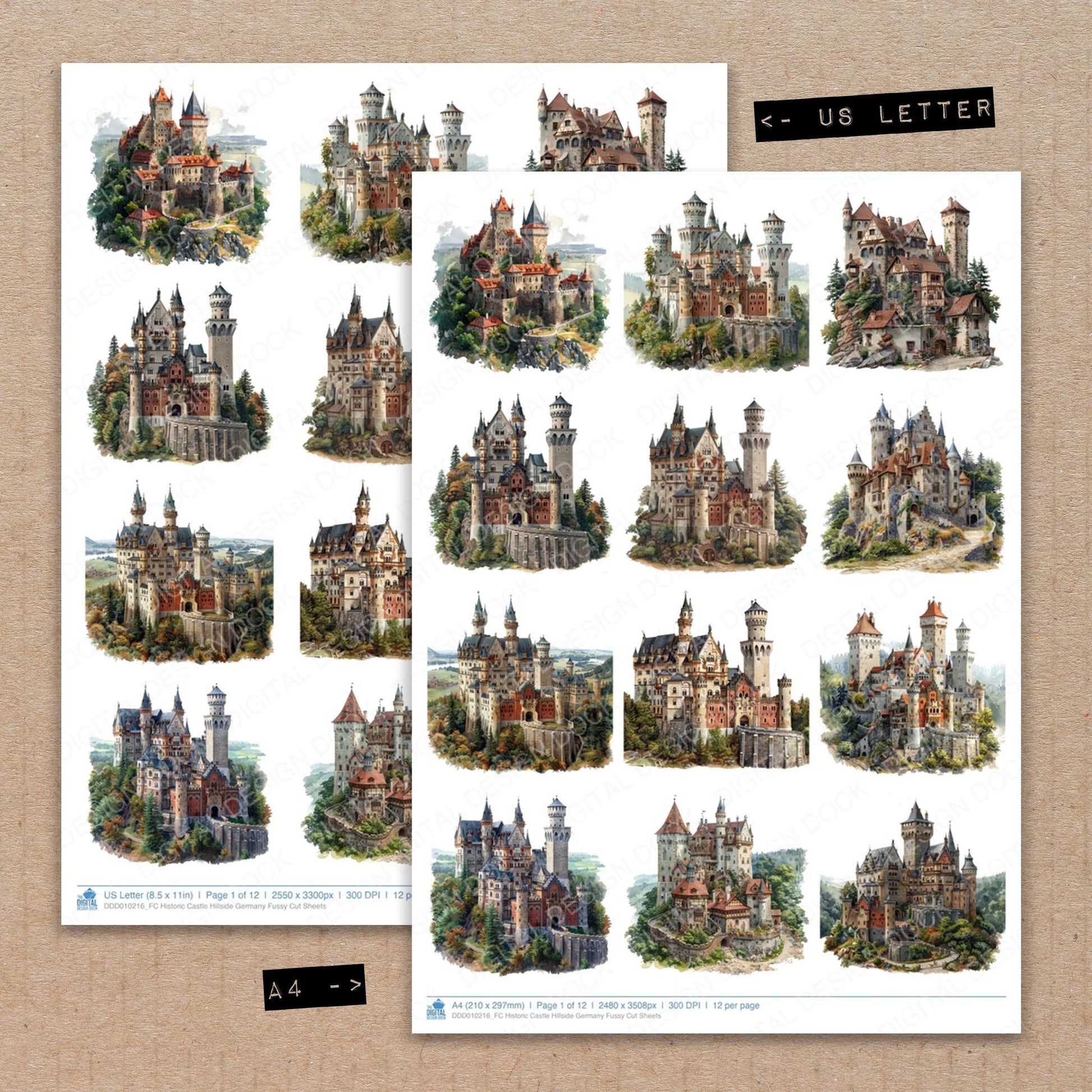 A4 and US Letter format comparison showing Historic Castle Hillside Germany fussy cut pages for print and cut crafting