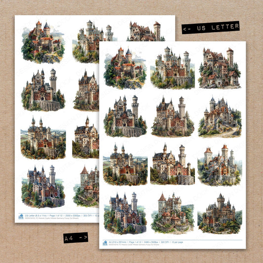 A4 and US Letter format comparison showing Historic Castle Hillside Germany fussy cut pages for print and cut crafting