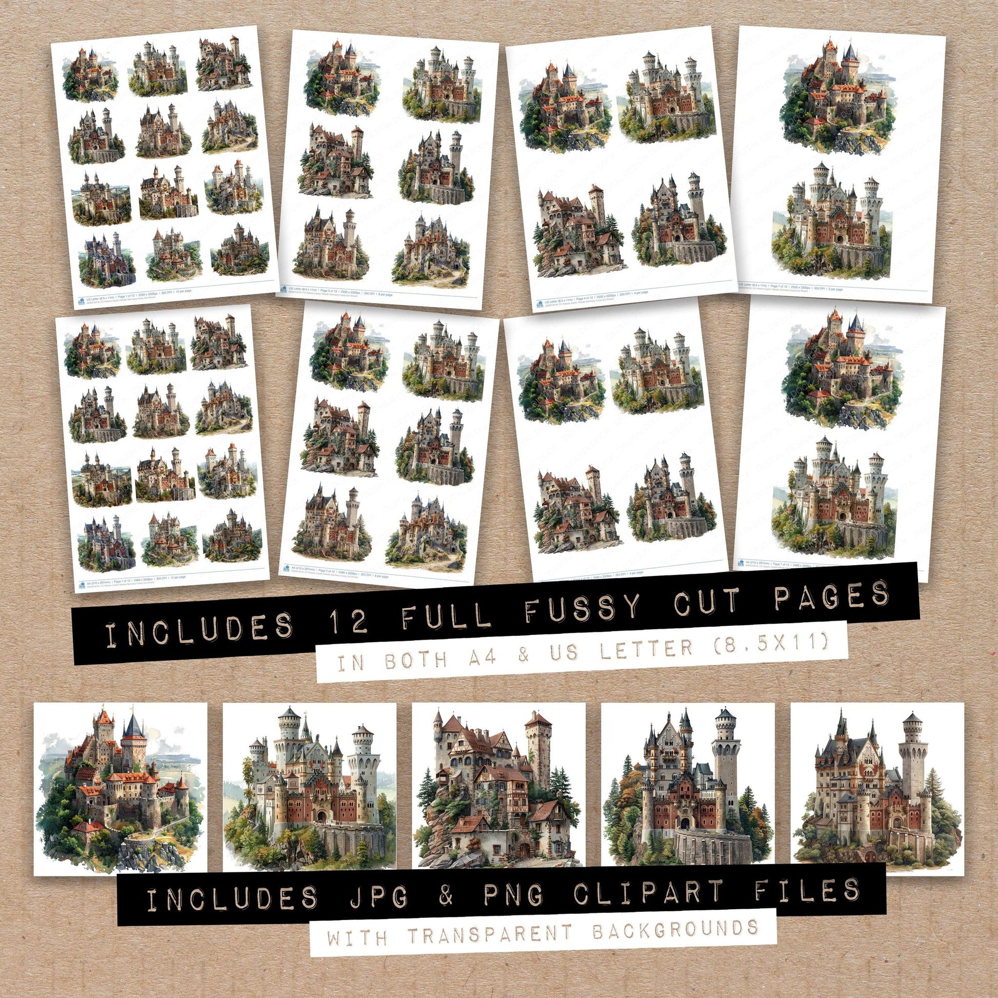 Full collection view of Historic Castle Hillside Germany fussy cut sheets with bonus clipart JPG and PNG files