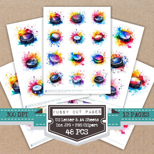 Hockey Puck Splash fussy cut printable sheets for junk journaling, scrapbooking, and paper craft projects