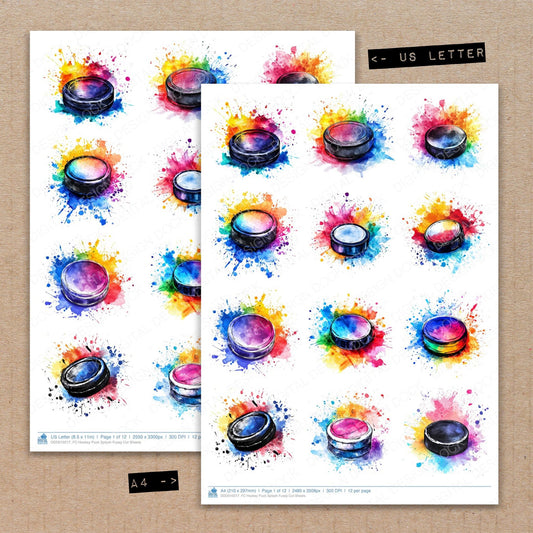A4 and US Letter format comparison showing Hockey Puck Splash fussy cut pages for print and cut crafting
