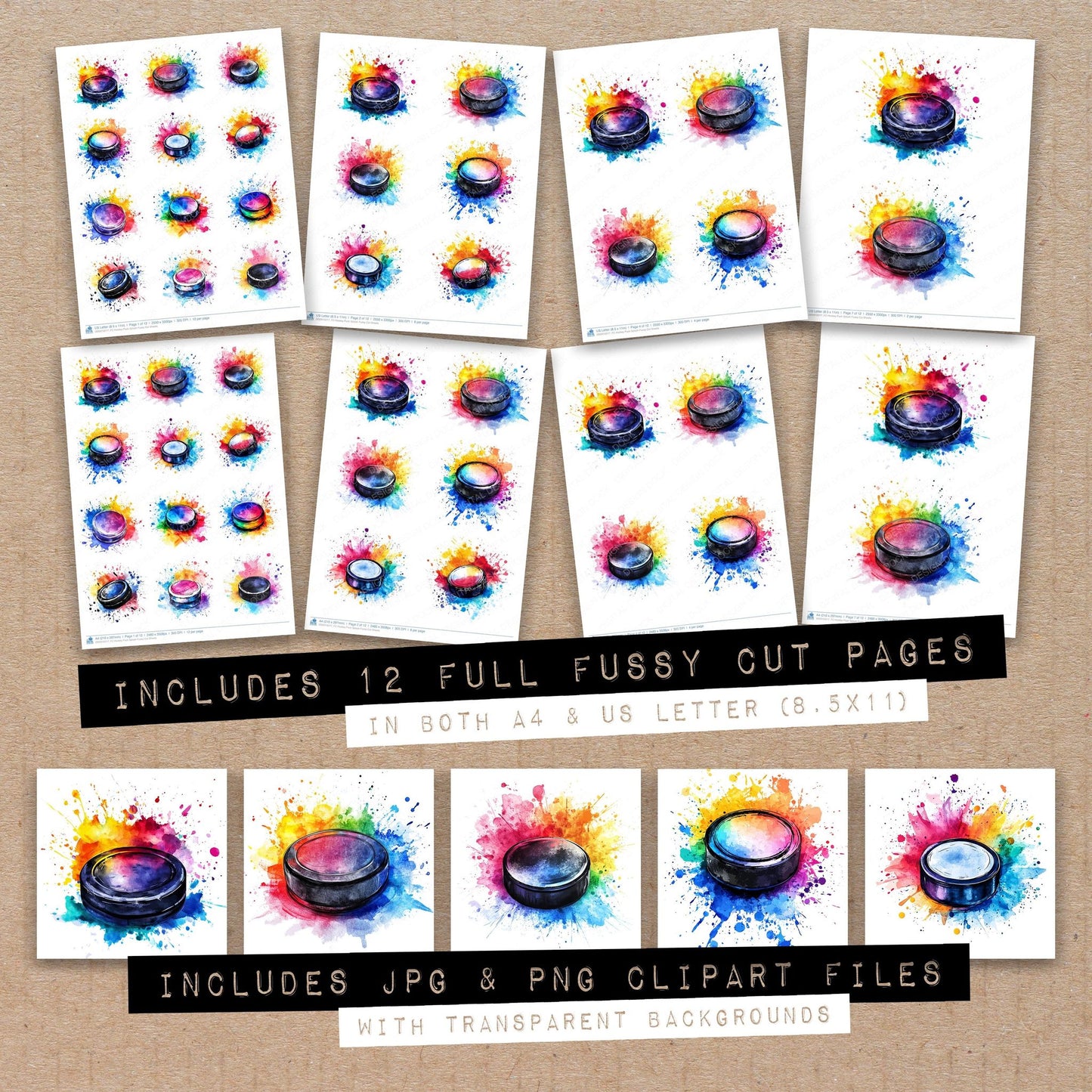 Full collection view of Hockey Puck Splash fussy cut sheets with bonus clipart JPG and PNG files