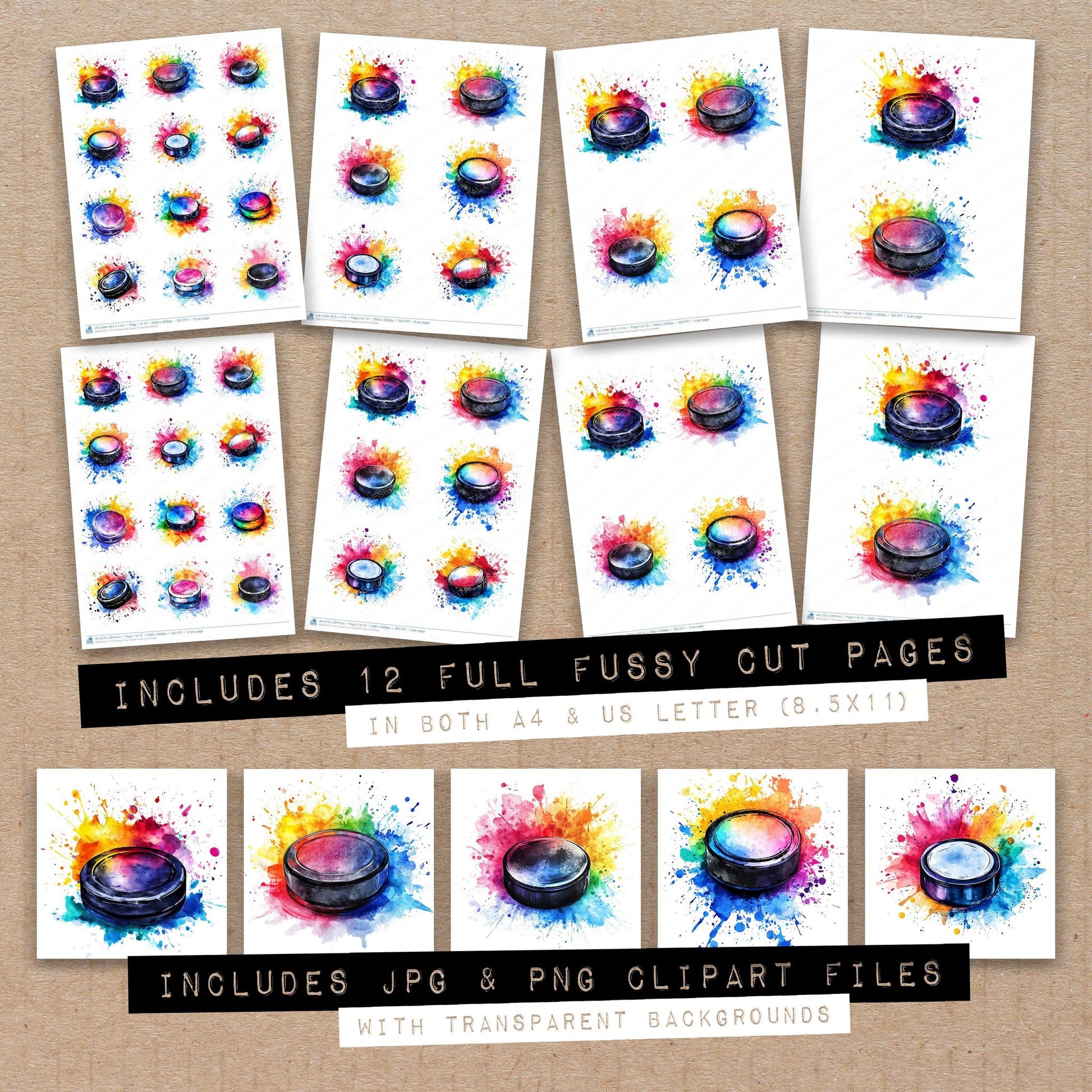 Full collection view of Hockey Puck Splash fussy cut sheets with bonus clipart JPG and PNG files