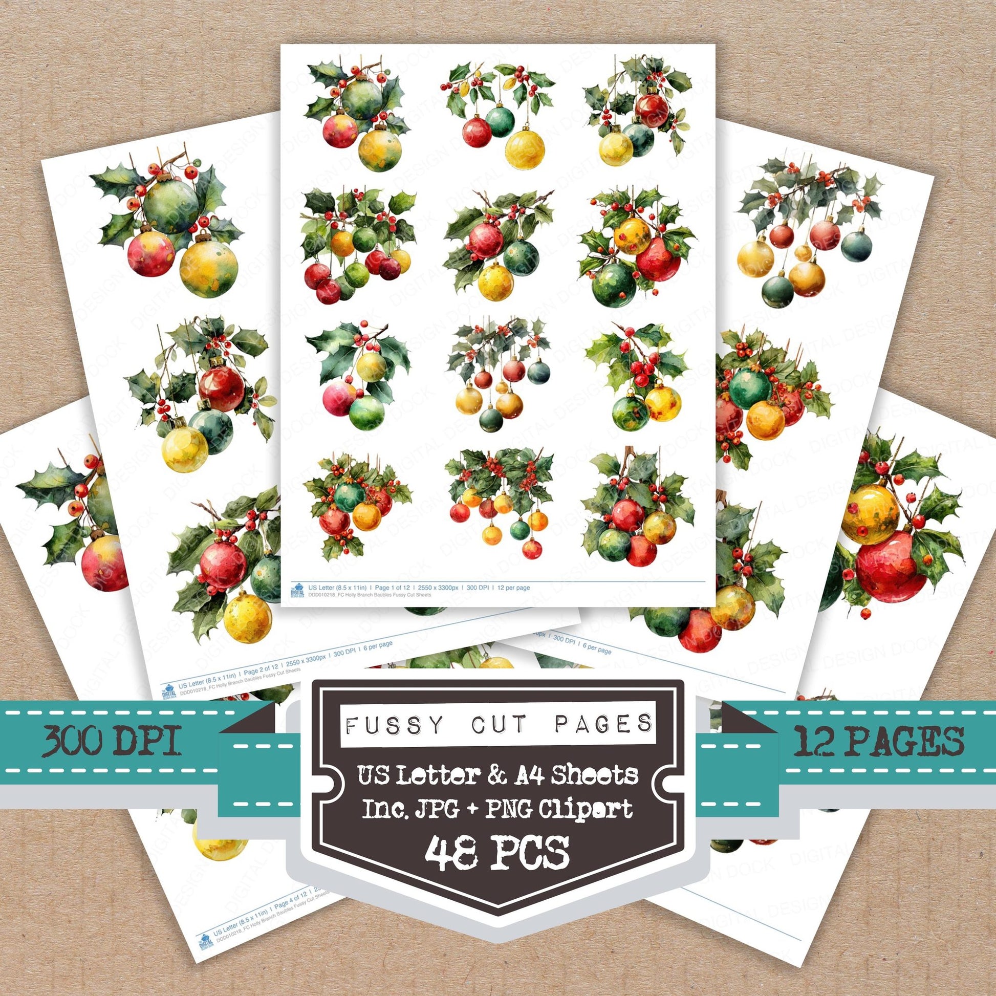 Holly Branch Baubles fussy cut printable sheets for junk journaling, scrapbooking, and paper craft projects