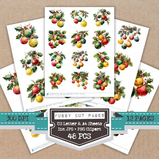 Holly Branch Baubles fussy cut printable sheets for junk journaling, scrapbooking, and paper craft projects