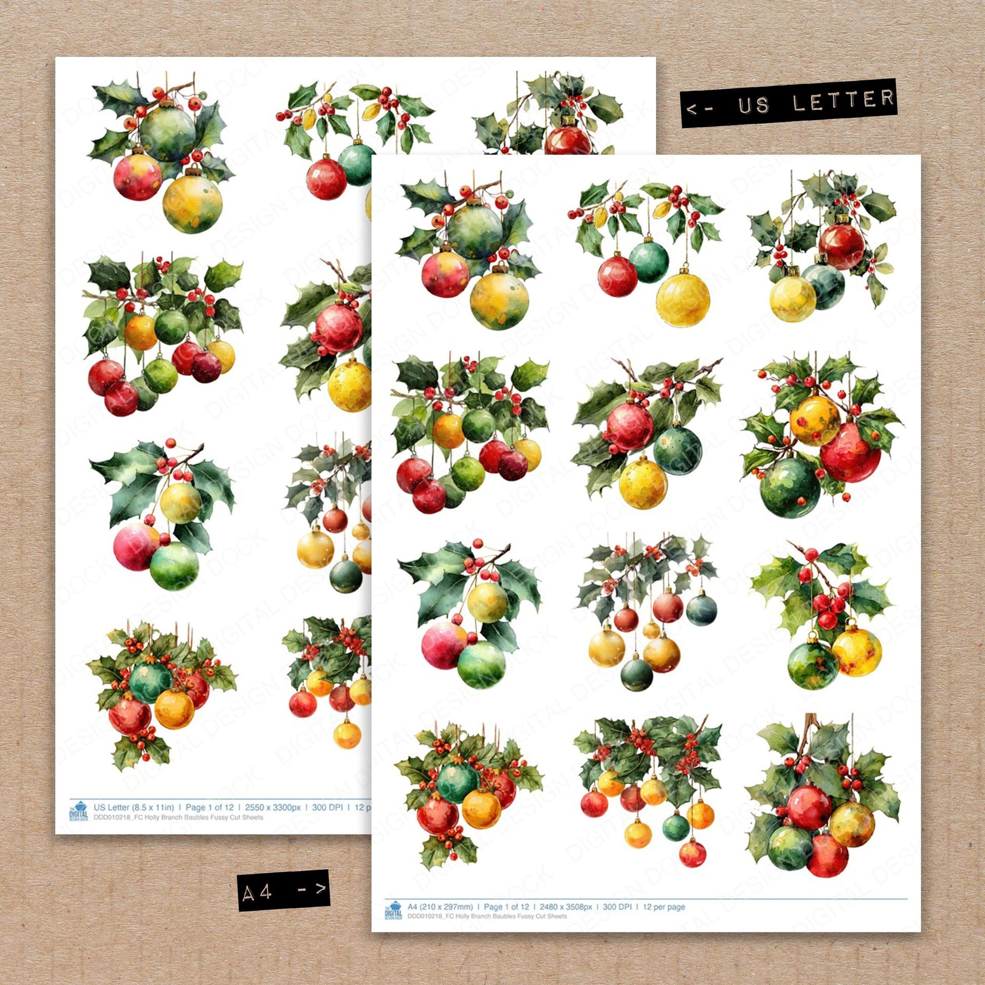 A4 and US Letter format comparison showing Holly Branch Baubles fussy cut pages for print and cut crafting