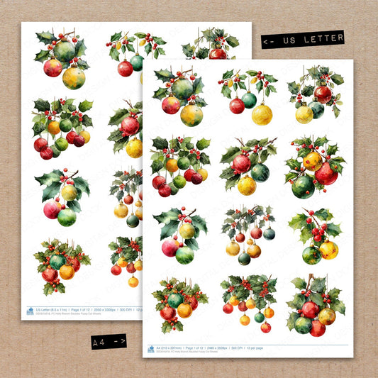 A4 and US Letter format comparison showing Holly Branch Baubles fussy cut pages for print and cut crafting