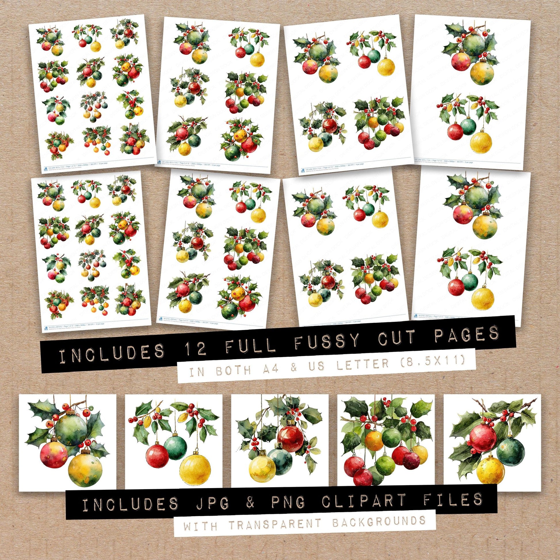 Full collection view of Holly Branch Baubles fussy cut sheets with bonus clipart JPG and PNG files