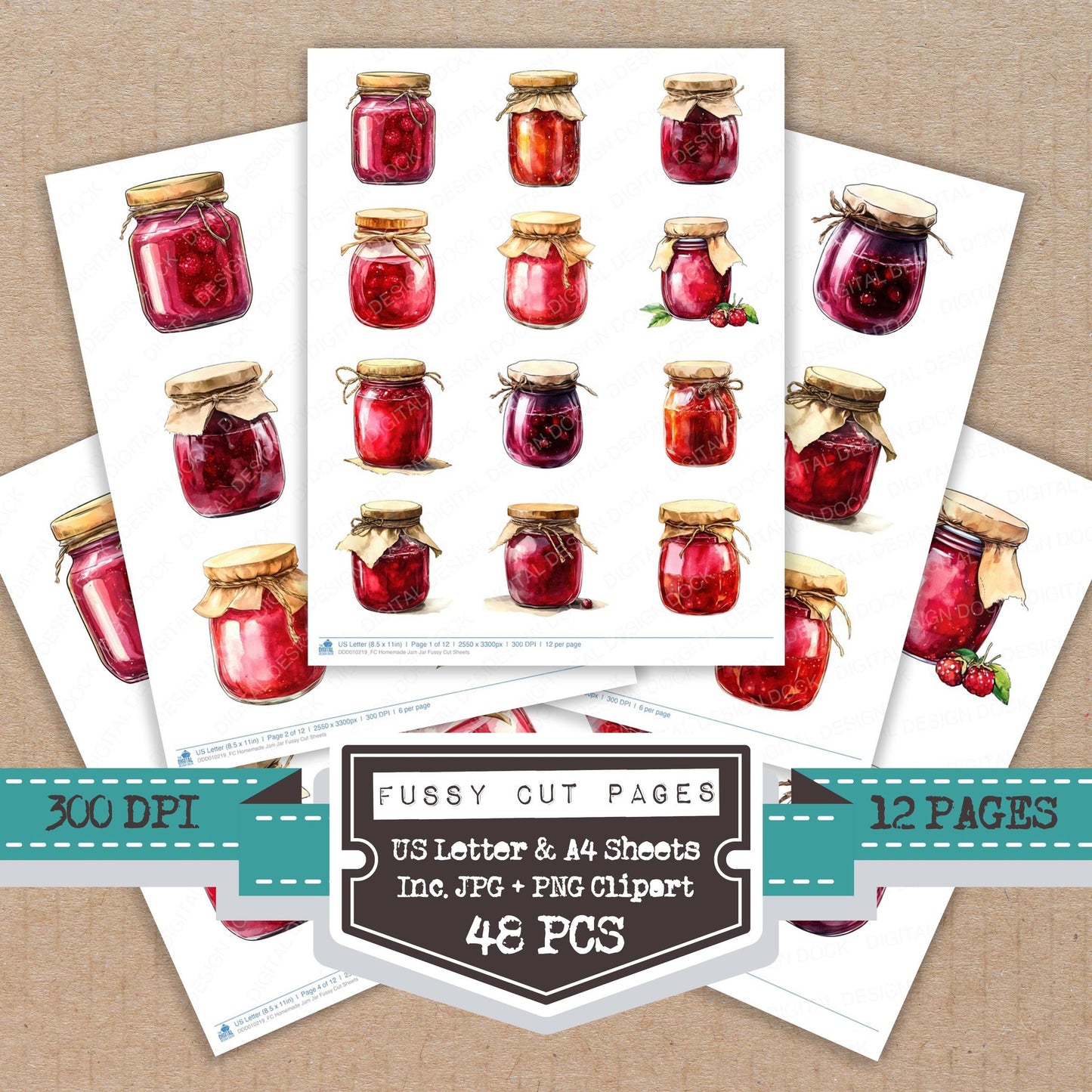 Homemade Jam Jar fussy cut printable sheets for junk journaling, scrapbooking, and paper craft projects