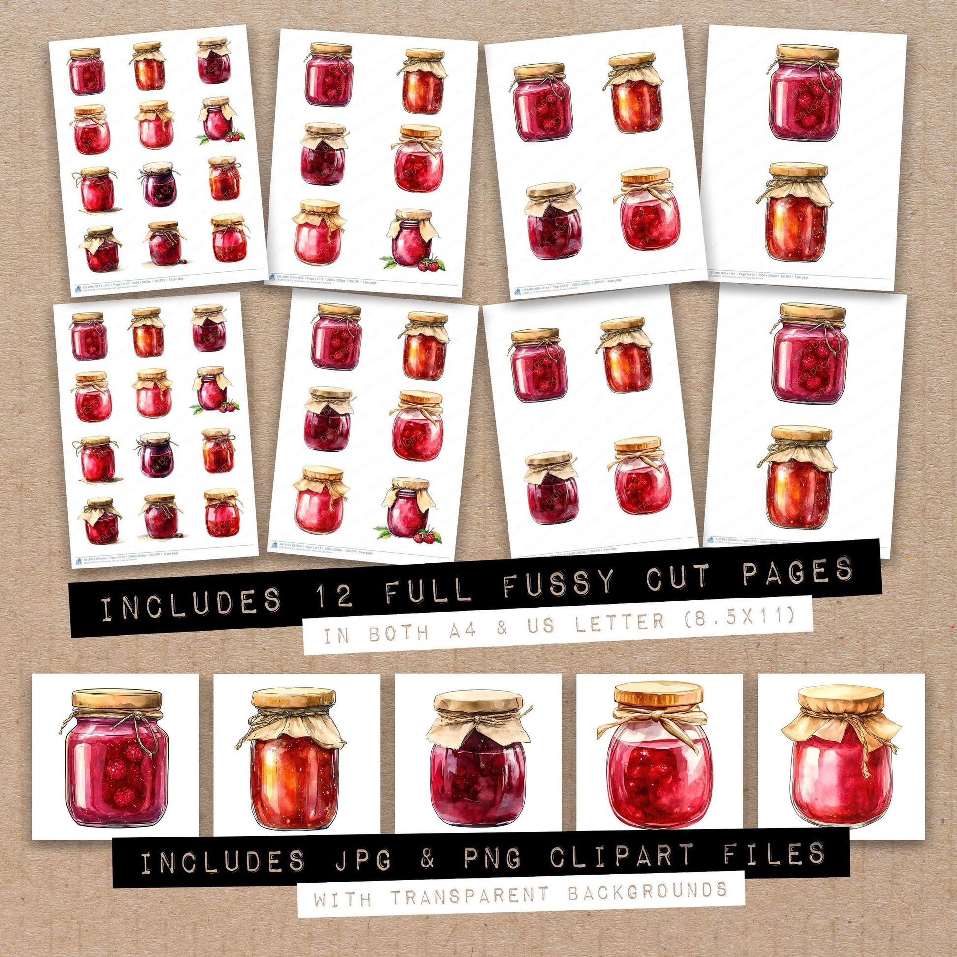 Full collection view of Homemade Jam Jar fussy cut sheets with bonus clipart JPG and PNG files