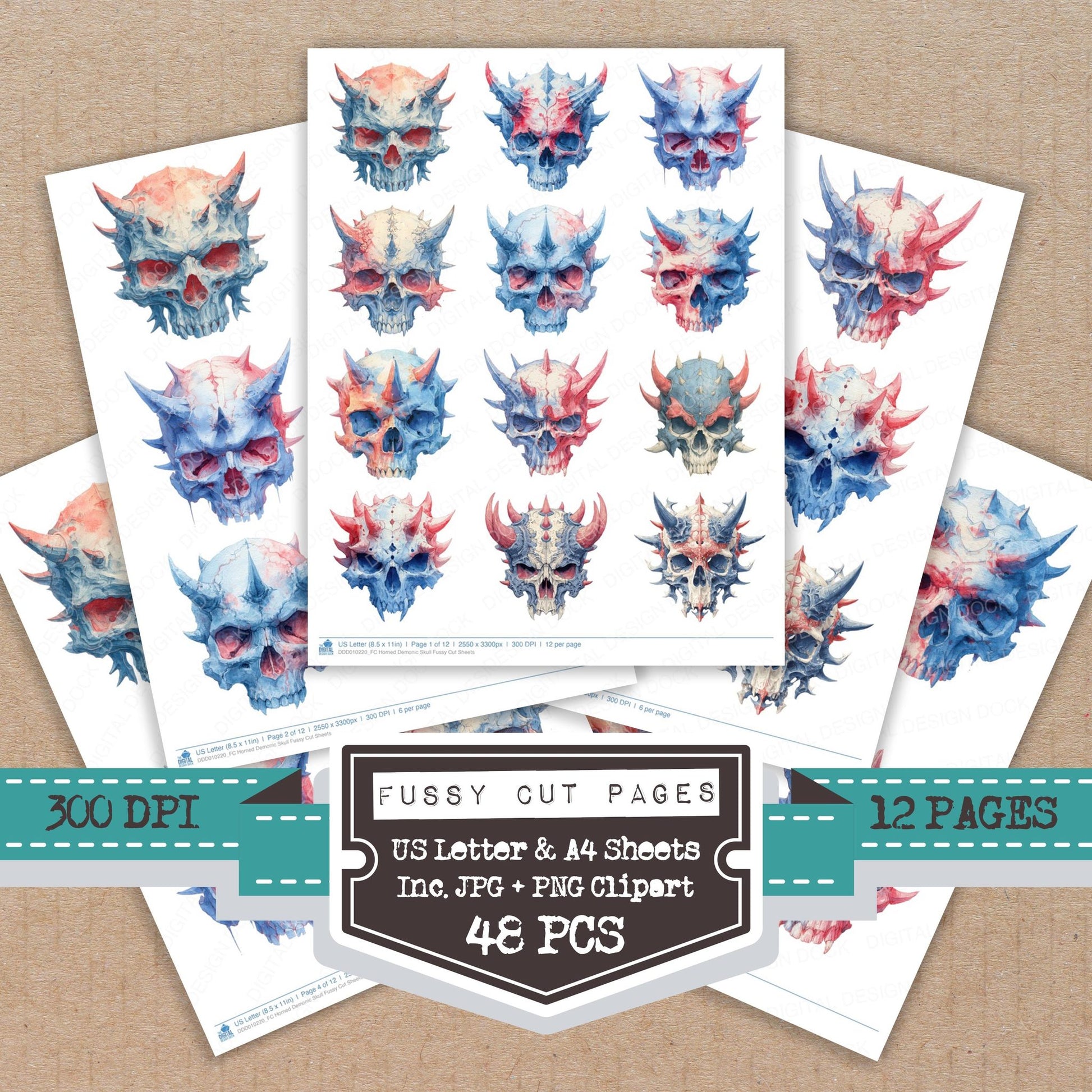 Horned Demonic Skull fussy cut printable sheets for junk journaling, scrapbooking, and paper craft projects