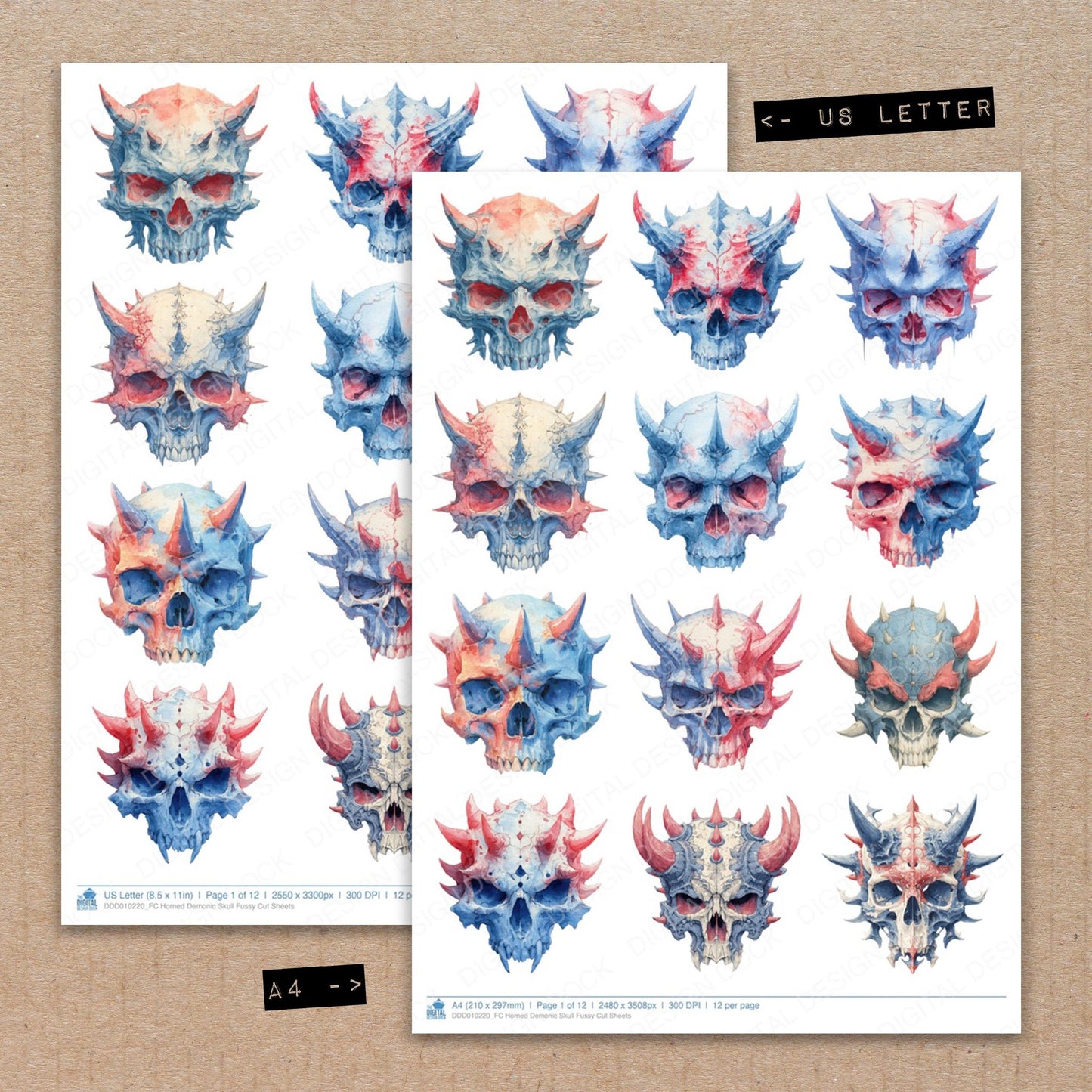 A4 and US Letter format comparison showing Horned Demonic Skull fussy cut pages for print and cut crafting