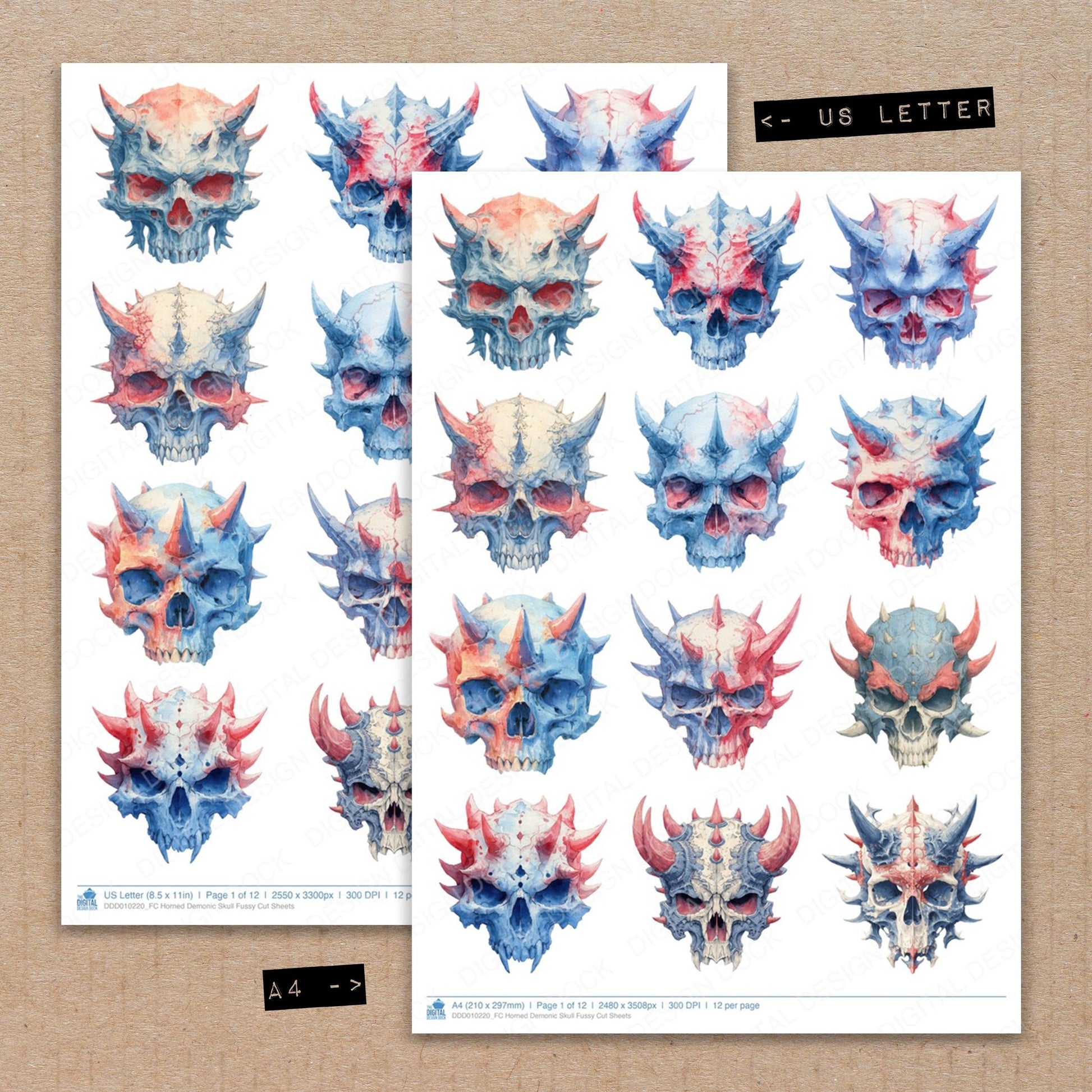 A4 and US Letter format comparison showing Horned Demonic Skull fussy cut pages for print and cut crafting