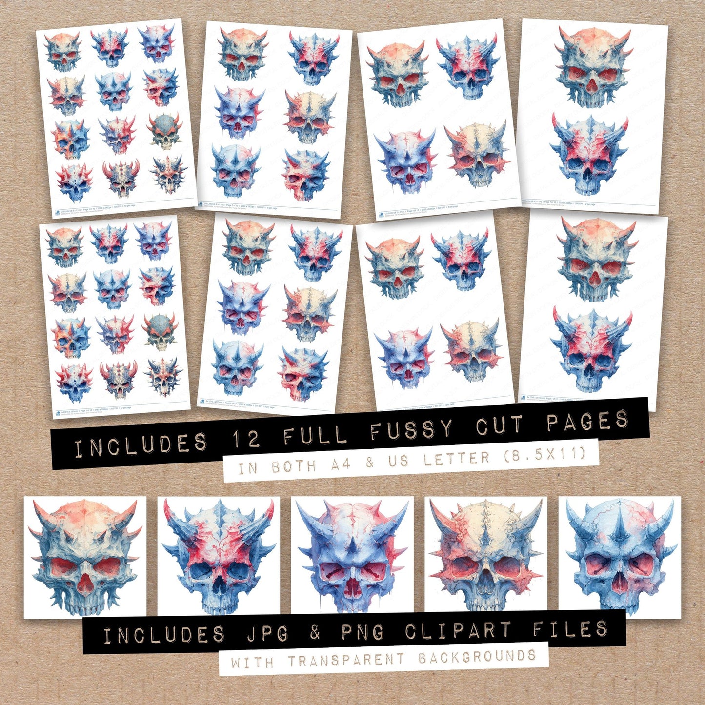 Full collection view of Horned Demonic Skull fussy cut sheets with bonus clipart JPG and PNG files